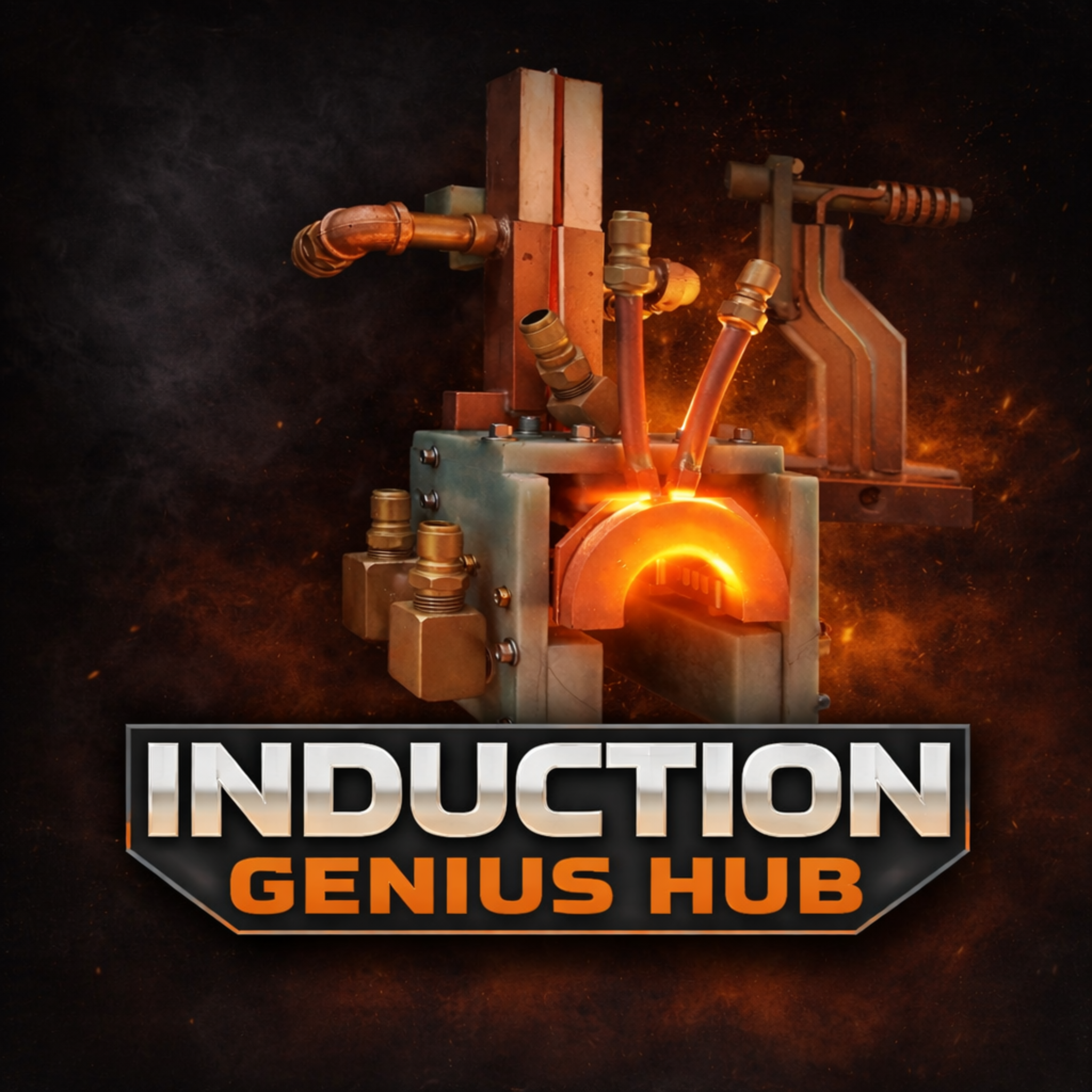 Induction Genius Hub branding showing induction heating equipment and glowing work zone